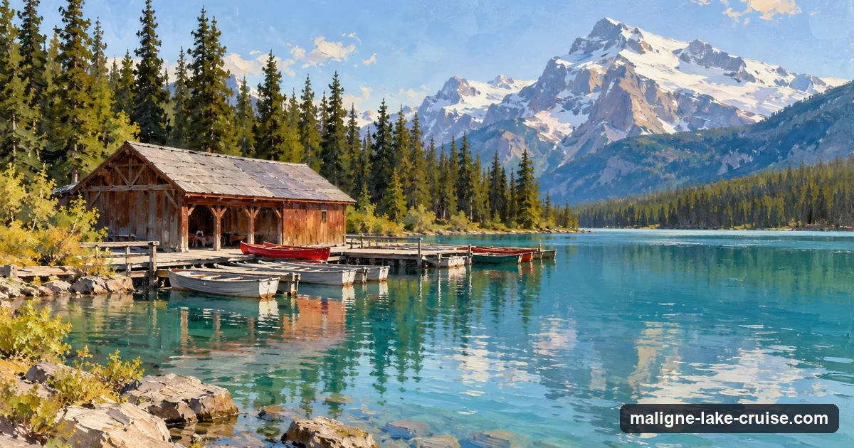 A plein-air oil sketch of the wooden boathouse and dock at Maligne Lake in morning light