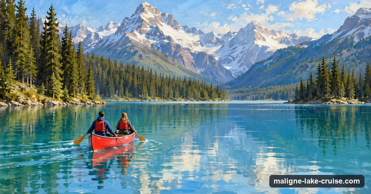 A plein-air oil sketch of two canoeists paddling on Maligne Lake below snowy peaks