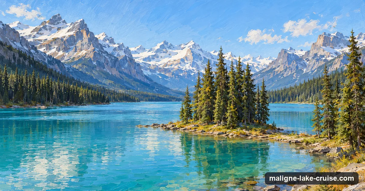 A plein-air oil sketch of Spirit Island on Maligne Lake with snow-capped peaks behind