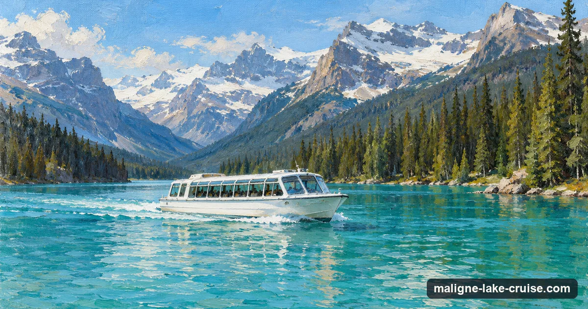 A plein-air oil sketch of a tour boat cruising on turquoise Maligne Lake