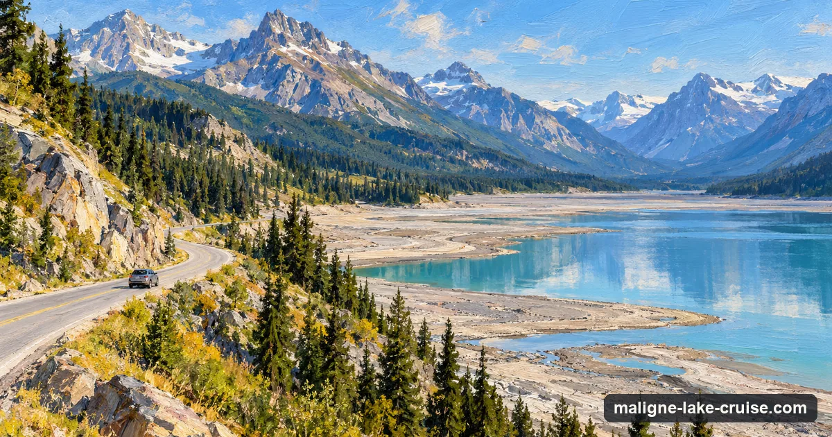 A plein-air oil sketch of the Maligne Lake Road running beside Medicine Lake