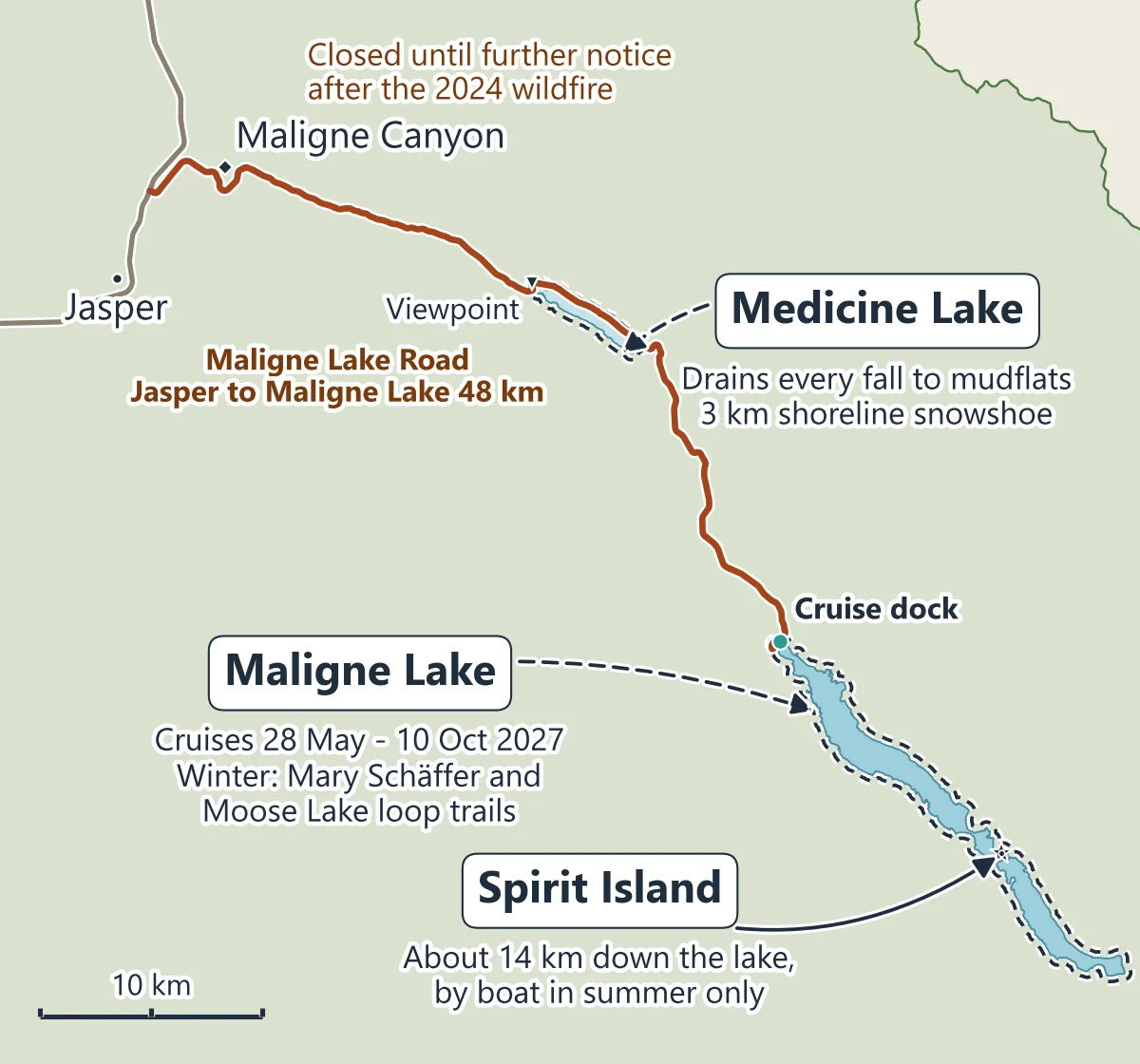 Map of the Maligne Valley in winter: Jasper, Maligne Canyon (closed), Medicine Lake, the Maligne Lake Road and the cruise dock at Maligne Lake, with Spirit Island at the far end of the lake